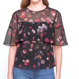Anthropologie Adria Moss Short Sleeve Black Floral Silk Blouse